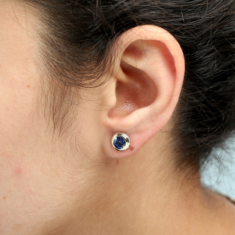 Blue Sapphire & Diamond Halo Stud Earrings in 14K Yellow Gold