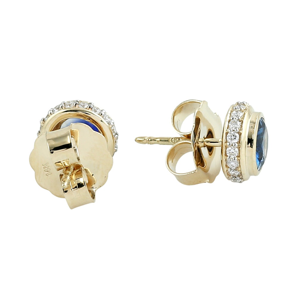 Blue Sapphire & Diamond Halo Stud Earrings in 14K Yellow Gold