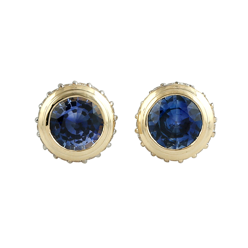 Blue Sapphire & Diamond Halo Stud Earrings in 14K Yellow Gold