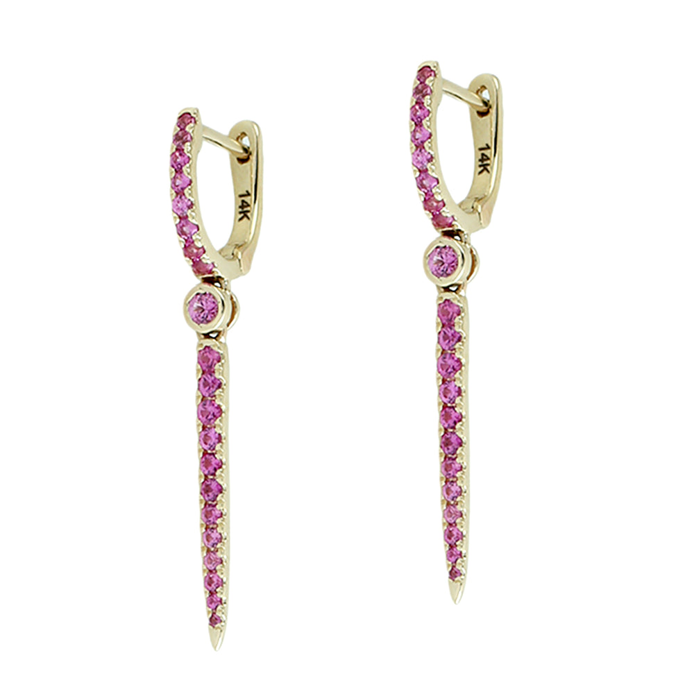 Pink Sapphire Spike Drop Huggie Earrings in 14K Yellow Gold