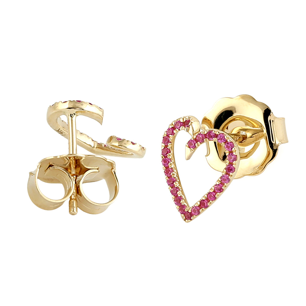 Pink Sapphire Heart Stud Earrings in 14K Yellow Gold