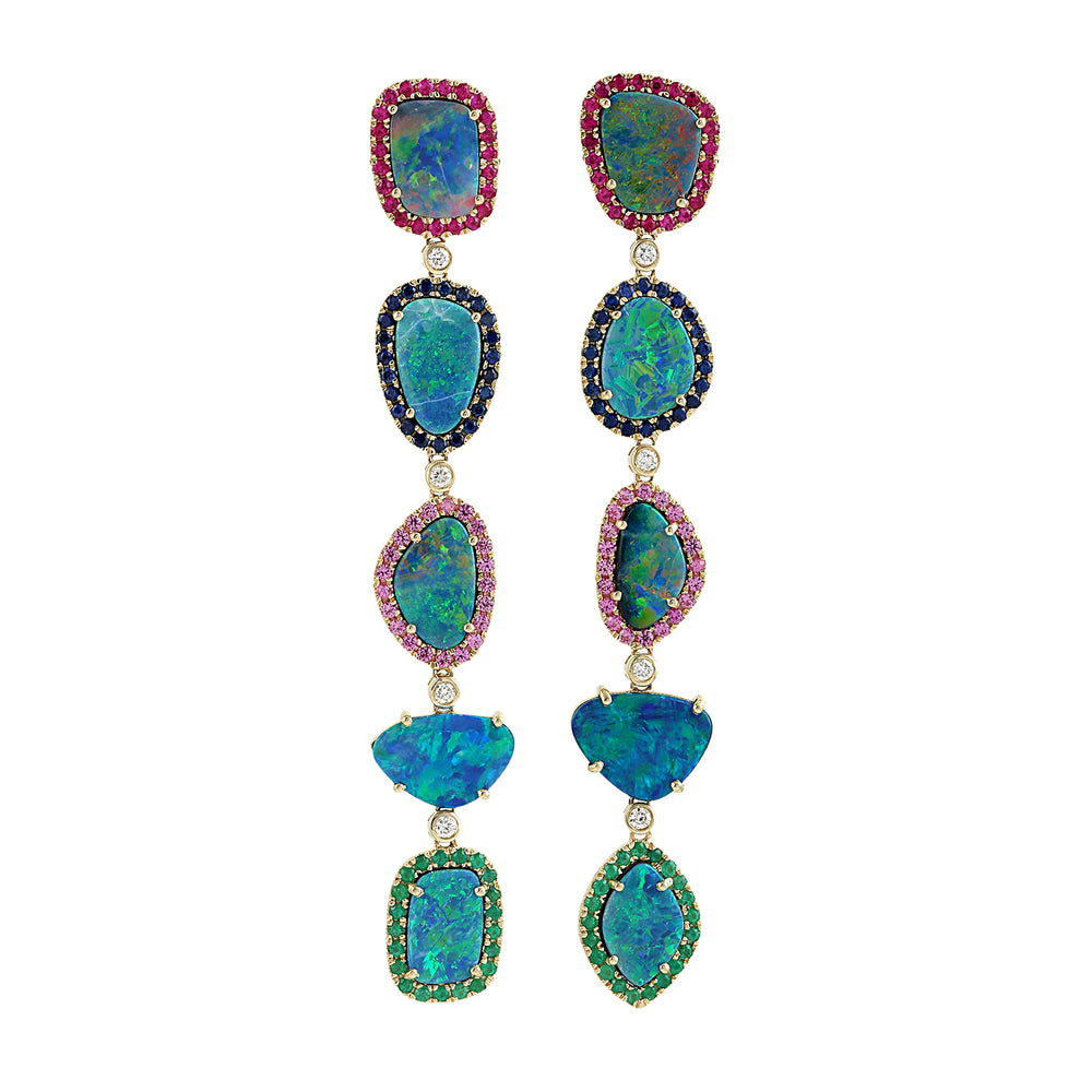Multicolor Gemstone Halo Blue Opal Chandelier Earrings in 14K Yellow Gold