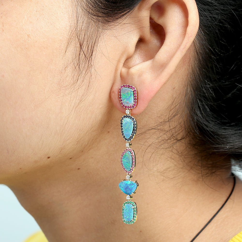 Multicolor Gemstone Halo Blue Opal Chandelier Earrings in 14K Yellow Gold