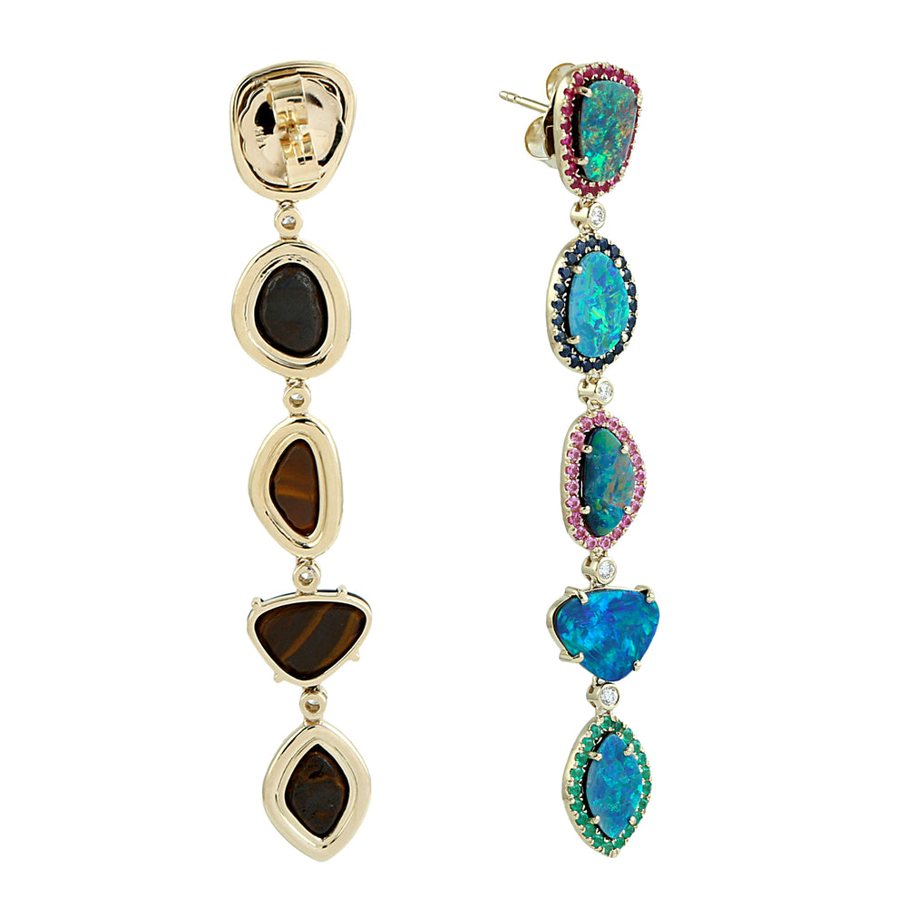 Multicolor Gemstone Halo Blue Opal Chandelier Earrings in 14K Yellow Gold