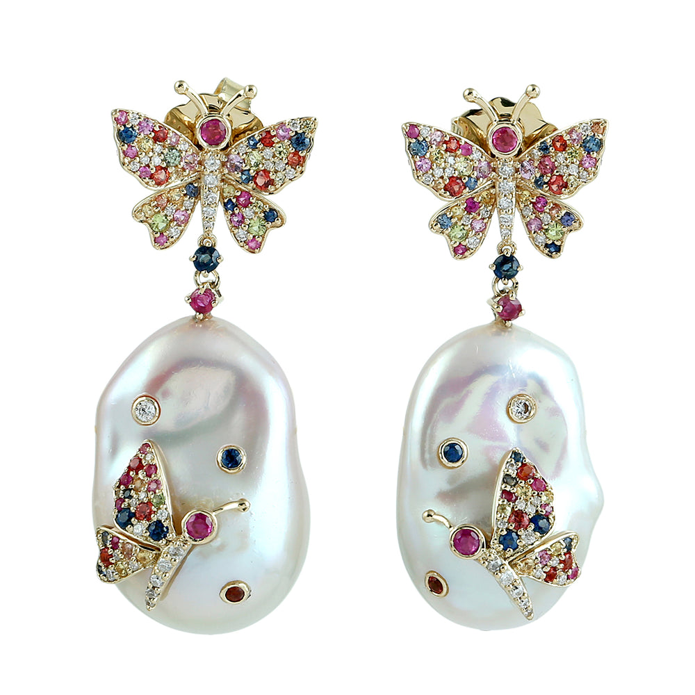 Multicolor Sapphire & Pearl Chinese Pave Diamond Butterfly Earrings in 18K Yellow Gold