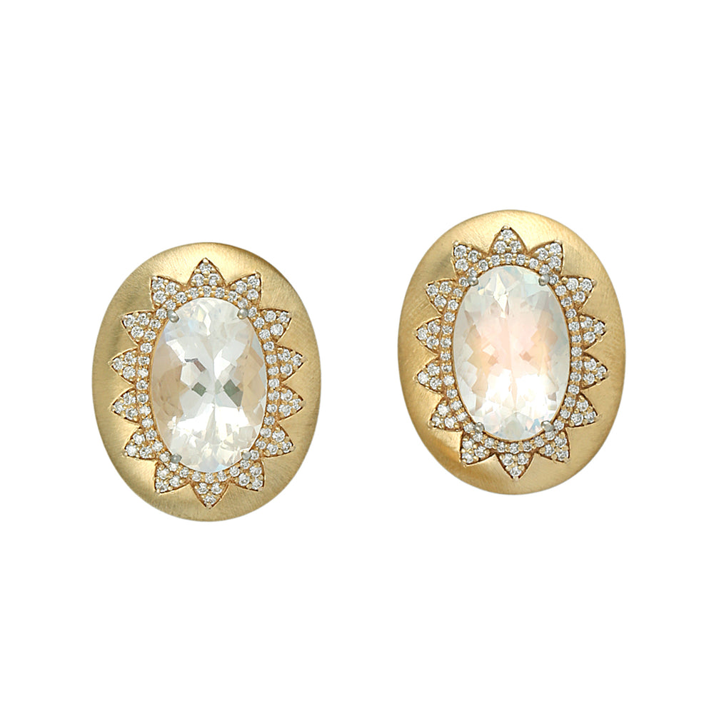 Oval Moonstone & Diamond Halo Stud Earrings in 14K Yellow Gold