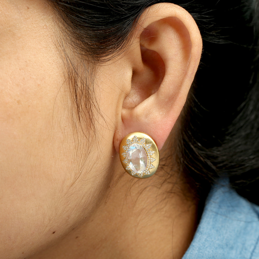 Oval Moonstone & Diamond Halo Stud Earrings in 14K Yellow Gold