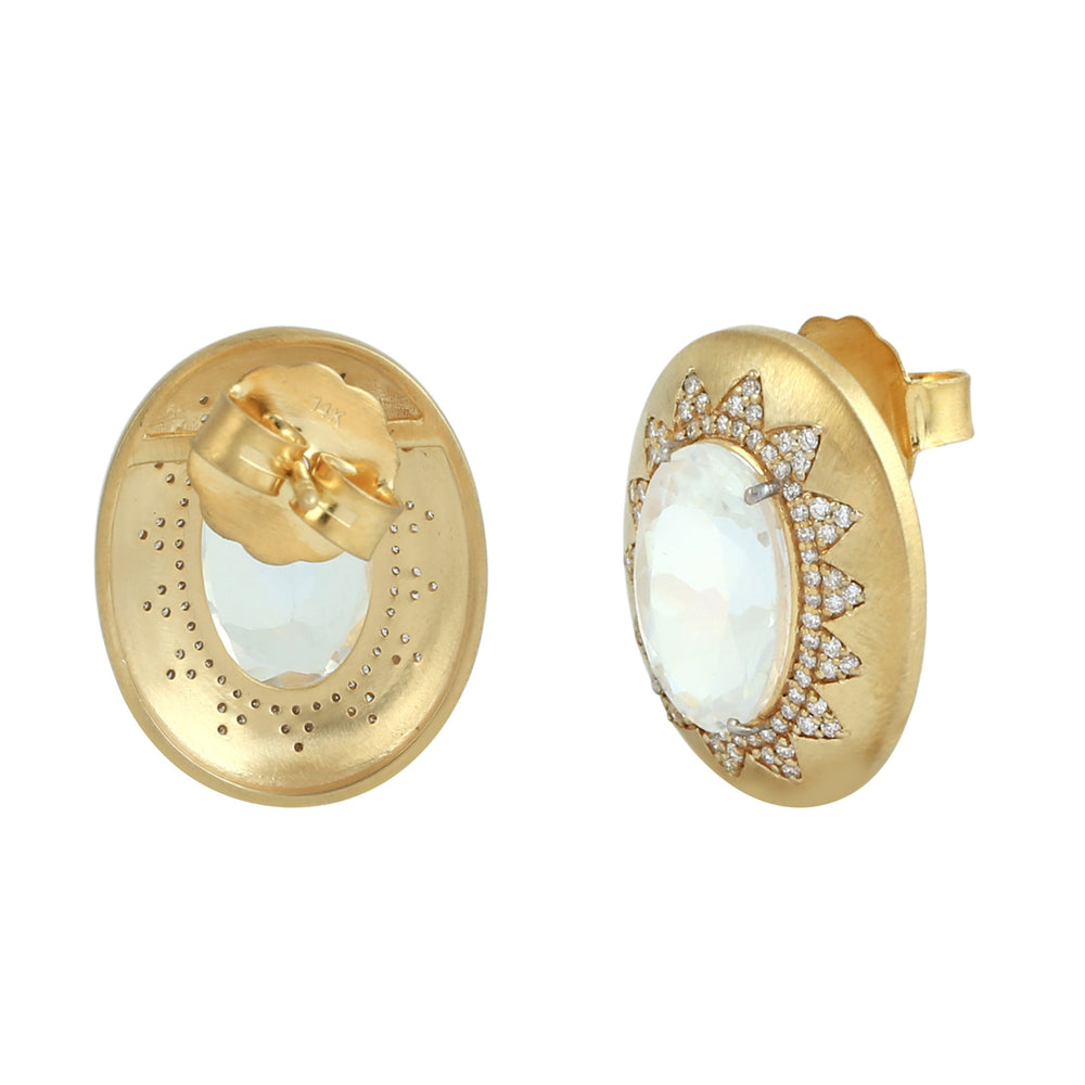 Oval Moonstone & Diamond Halo Stud Earrings in 14K Yellow Gold