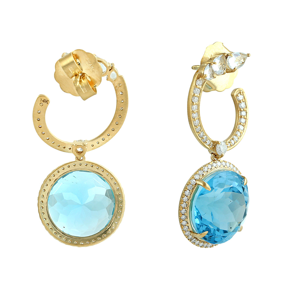 Blue Topaz & White Sapphire Diamond Halo Drop Earrings in 14K Yellow Gold