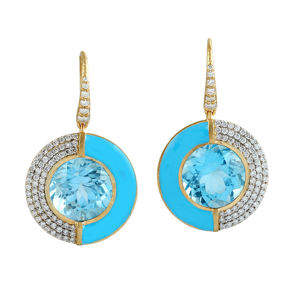 Turquoise Enamel & Blue Topaz Diamond Halo Drop Earrings in 14K Yellow Gold