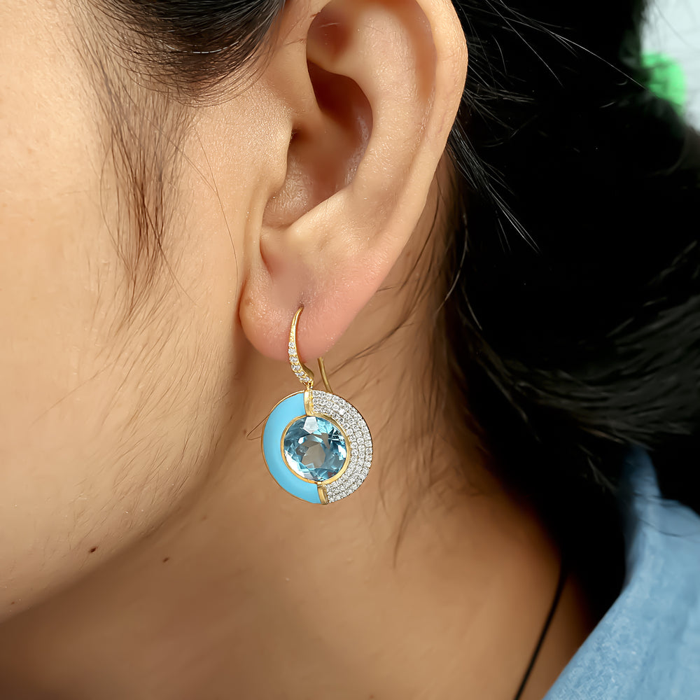 Turquoise Enamel & Blue Topaz Diamond Halo Drop Earrings in 14K Yellow Gold