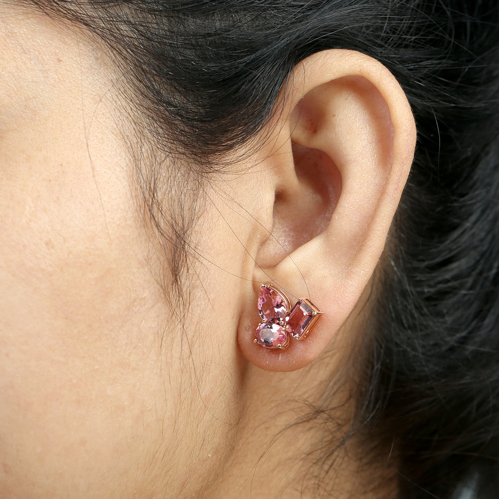 Pink Tourmaline Three-Stone Earrings in 18K Rose Gold