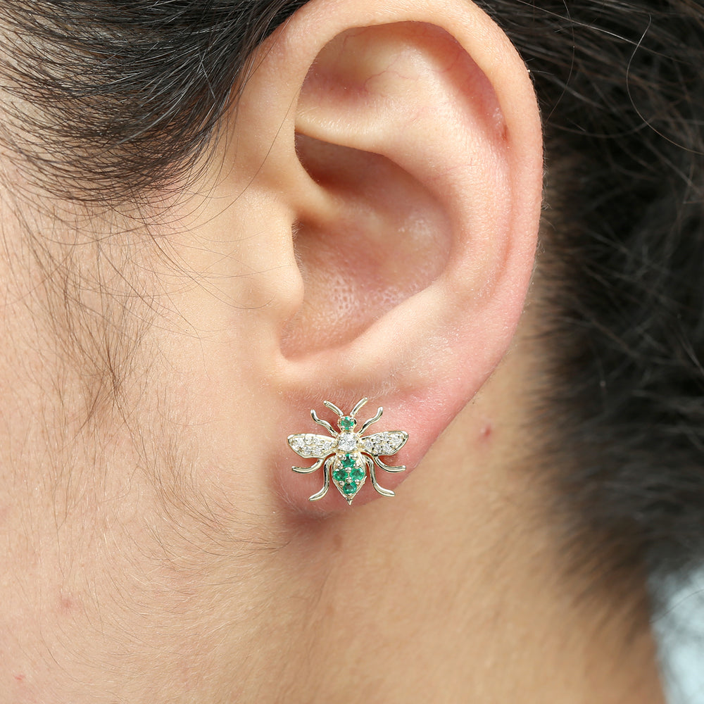 Emerald Pave Diamond Honey Bee Earrings in 14K Yellow Gold