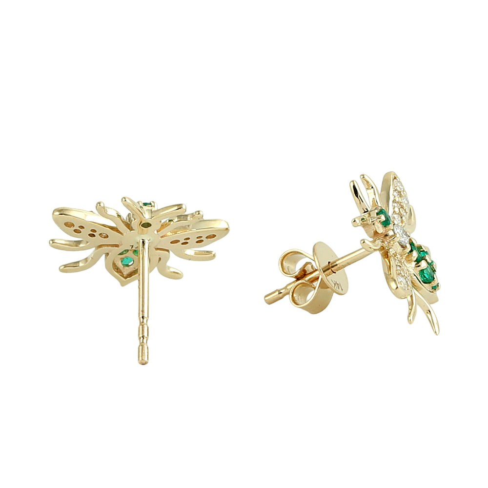Emerald Pave Diamond Honey Bee Earrings in 14K Yellow Gold