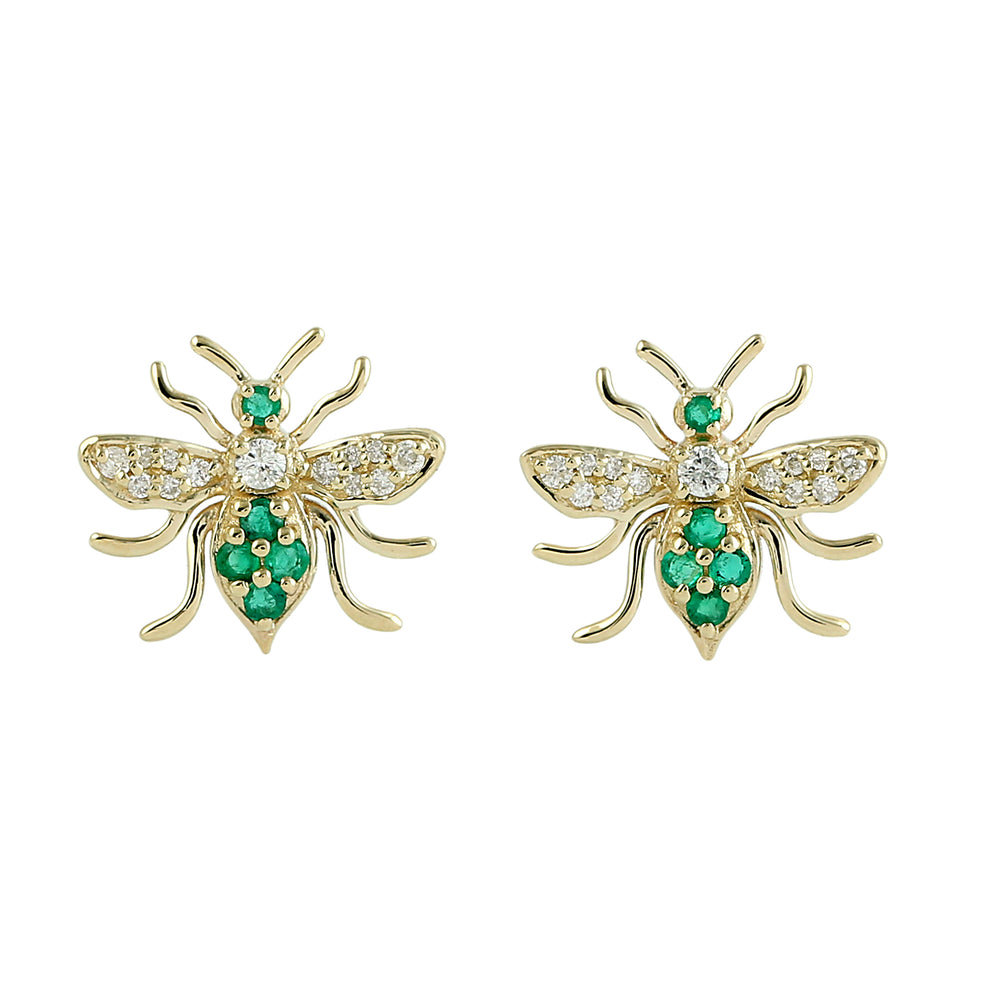 Emerald Pave Diamond Honey Bee Earrings in 14K Yellow Gold