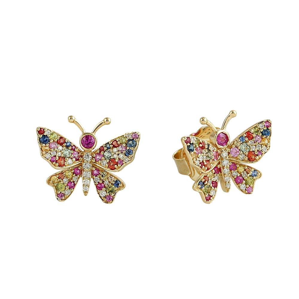 Multicolor Sapphire Gemstone Pave Diamond Butterfly Earrings in 18K Yellow Gold