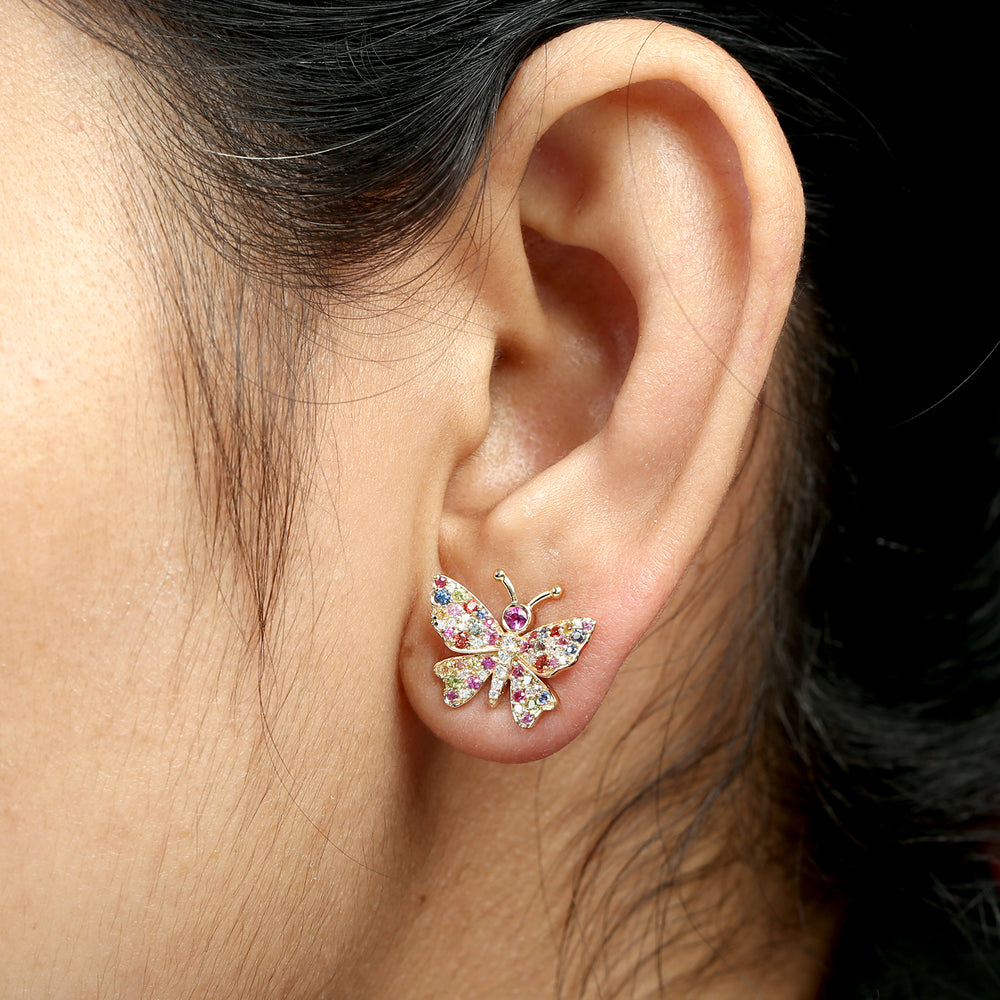 Multicolor Sapphire Gemstone Pave Diamond Butterfly Earrings in 18K Yellow Gold