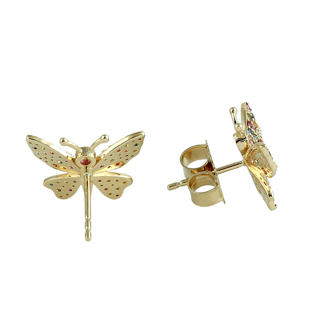 Multicolor Sapphire Gemstone Pave Diamond Butterfly Earrings in 18K Yellow Gold