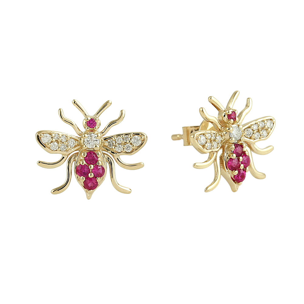 Ruby Pave Diamond Honey Bee Earrings in 14K Yellow Gold