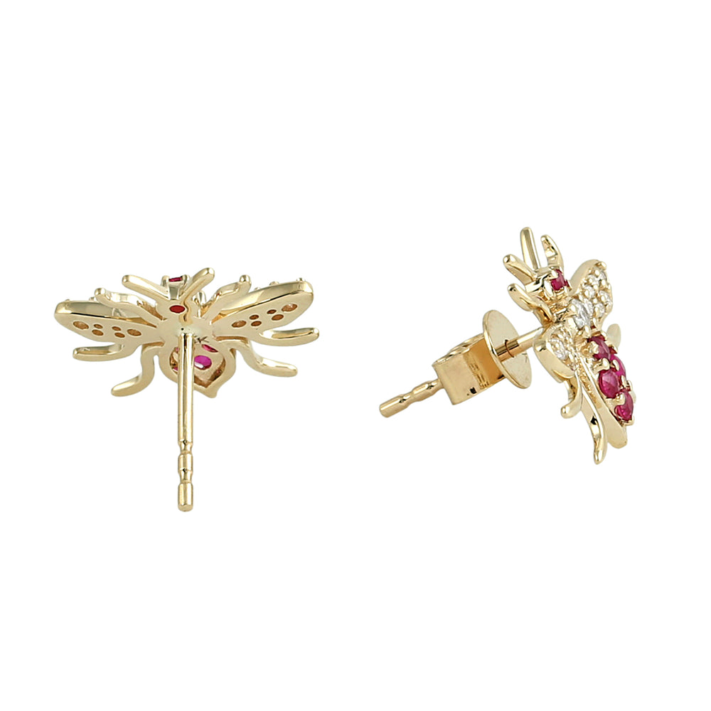 Ruby Pave Diamond Honey Bee Earrings in 14K Yellow Gold