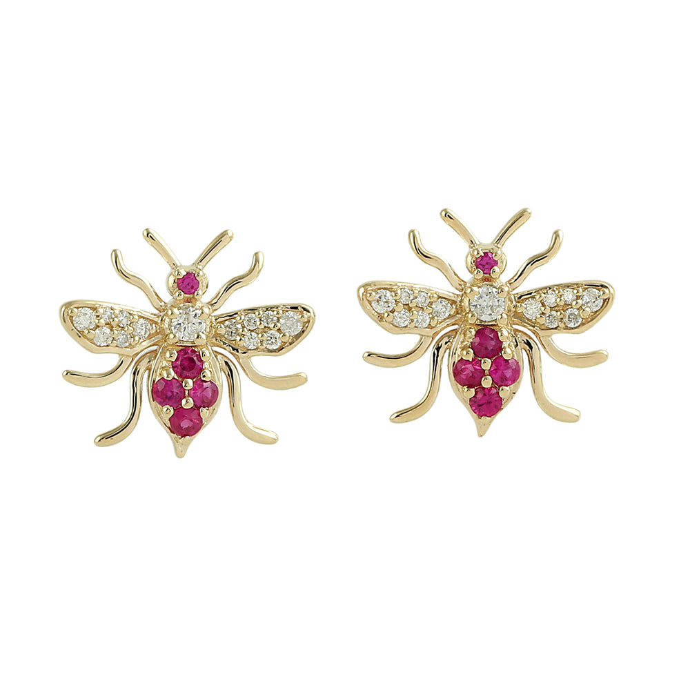 Ruby Pave Diamond Honey Bee Earrings in 14K Yellow Gold