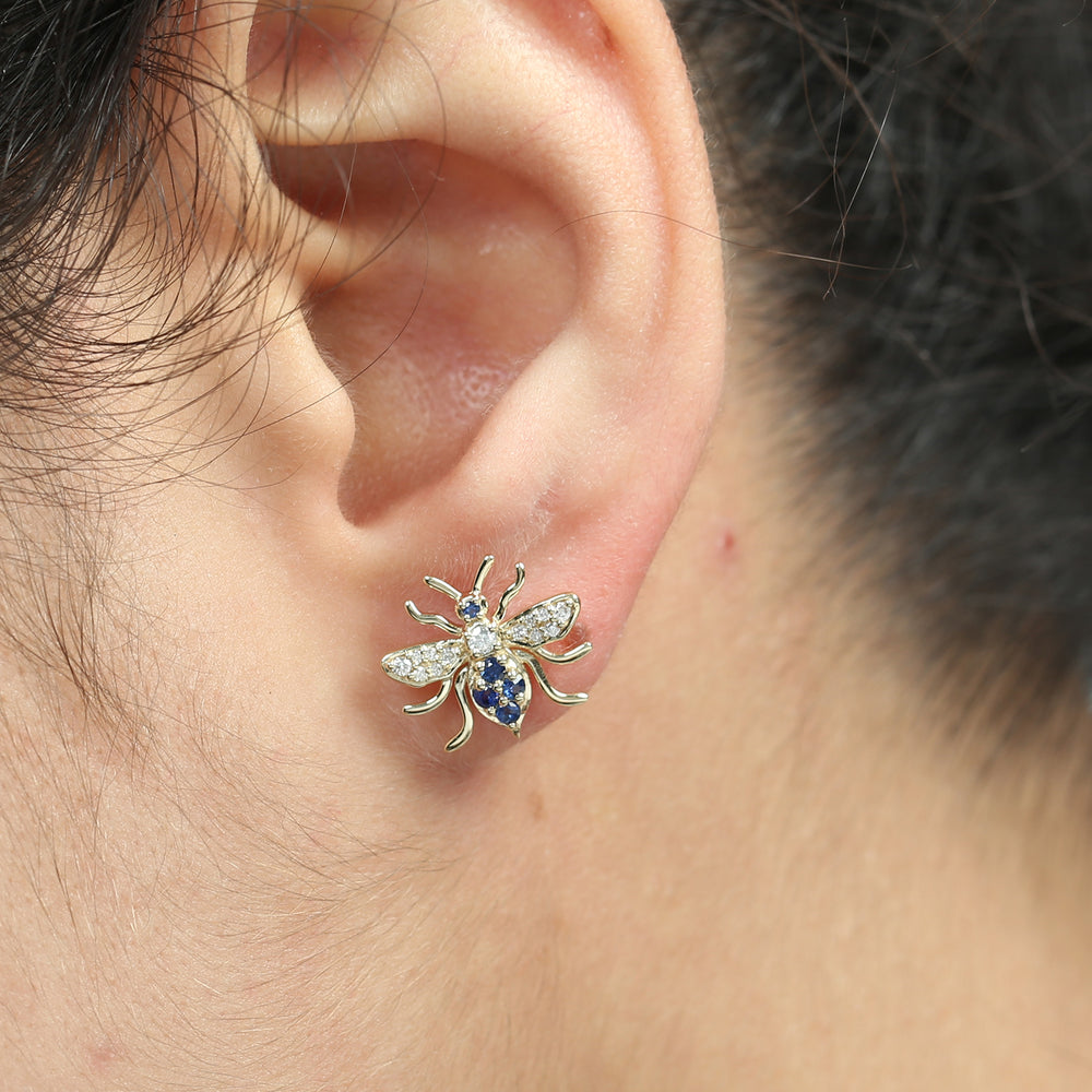 Blue Sapphire Pave Diamond Honey Bee Earrings in 14K Yellow Gold