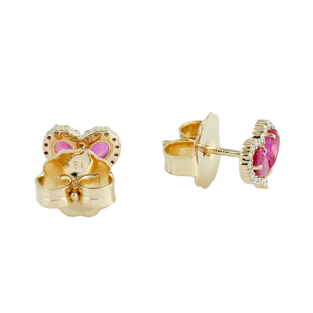 Pear Cut Ruby & Diamond Heart Stud Earrings in 18K Yellow Gold