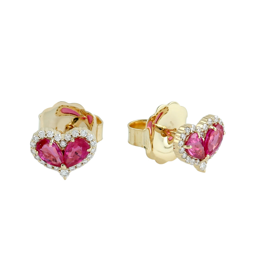 Pear Cut Ruby & Diamond Heart Stud Earrings in 18K Yellow Gold