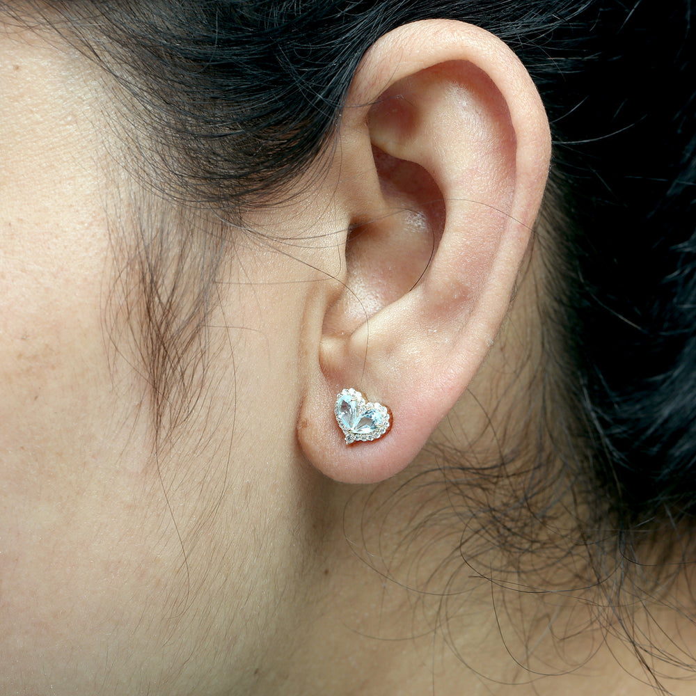 Blue Topaz & Diamond Heart Stud Earrings in 18K Yellow Gold