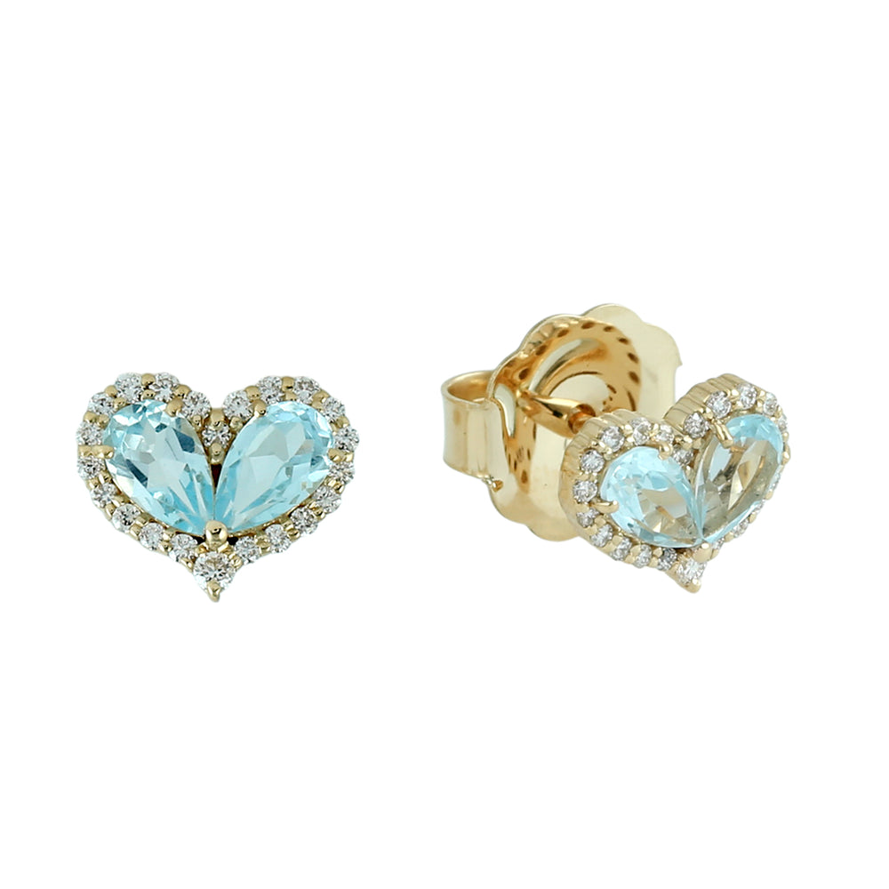 Blue Topaz & Diamond Heart Stud Earrings in 18K Yellow Gold