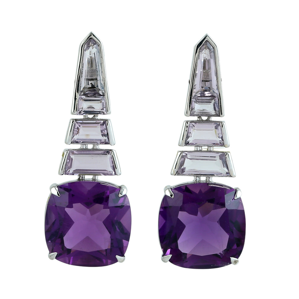 Cushion Cut Amethyst Gemstone Geometric Earrings in 14K White Gold