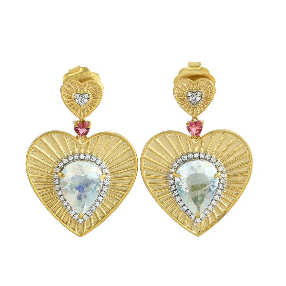 Pear Cut Moonstone & Pink Tourmaline Pave Diamond Heart Dangle Earrings in 14K Yellow Gold
