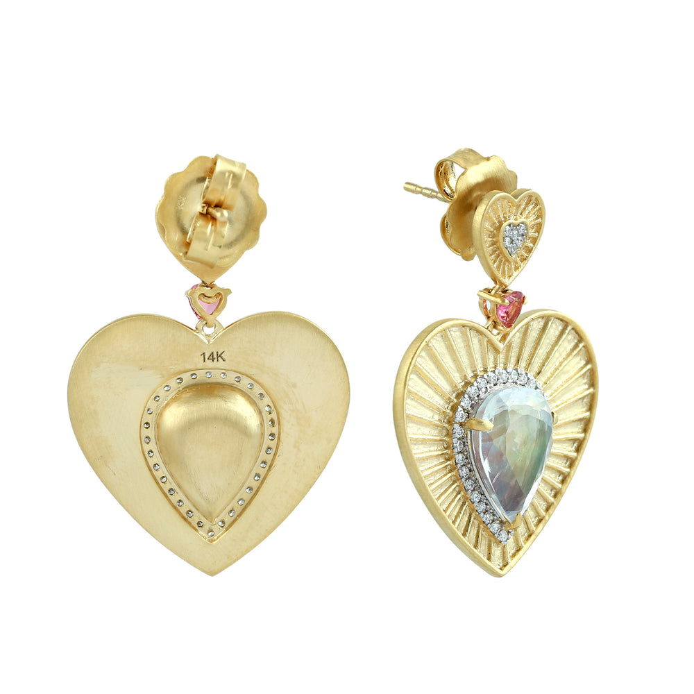Pear Cut Moonstone & Pink Tourmaline Pave Diamond Heart Dangle Earrings in 14K Yellow Gold