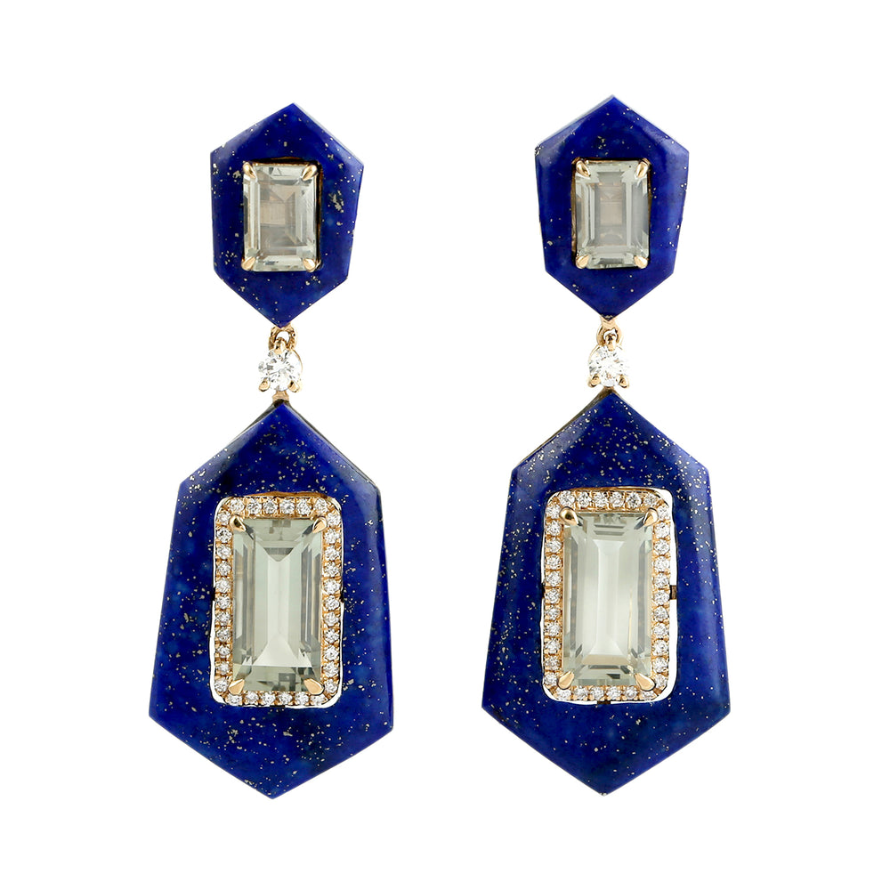 Fancy Cut Lapis & Green Amethyst Dangle Earrings in 18K Yellow Gold