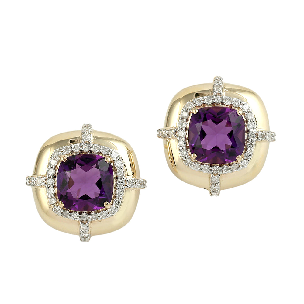 Cushion Cut Amethyst Pave Diamond Stud Earrings in 14K Yellow Gold