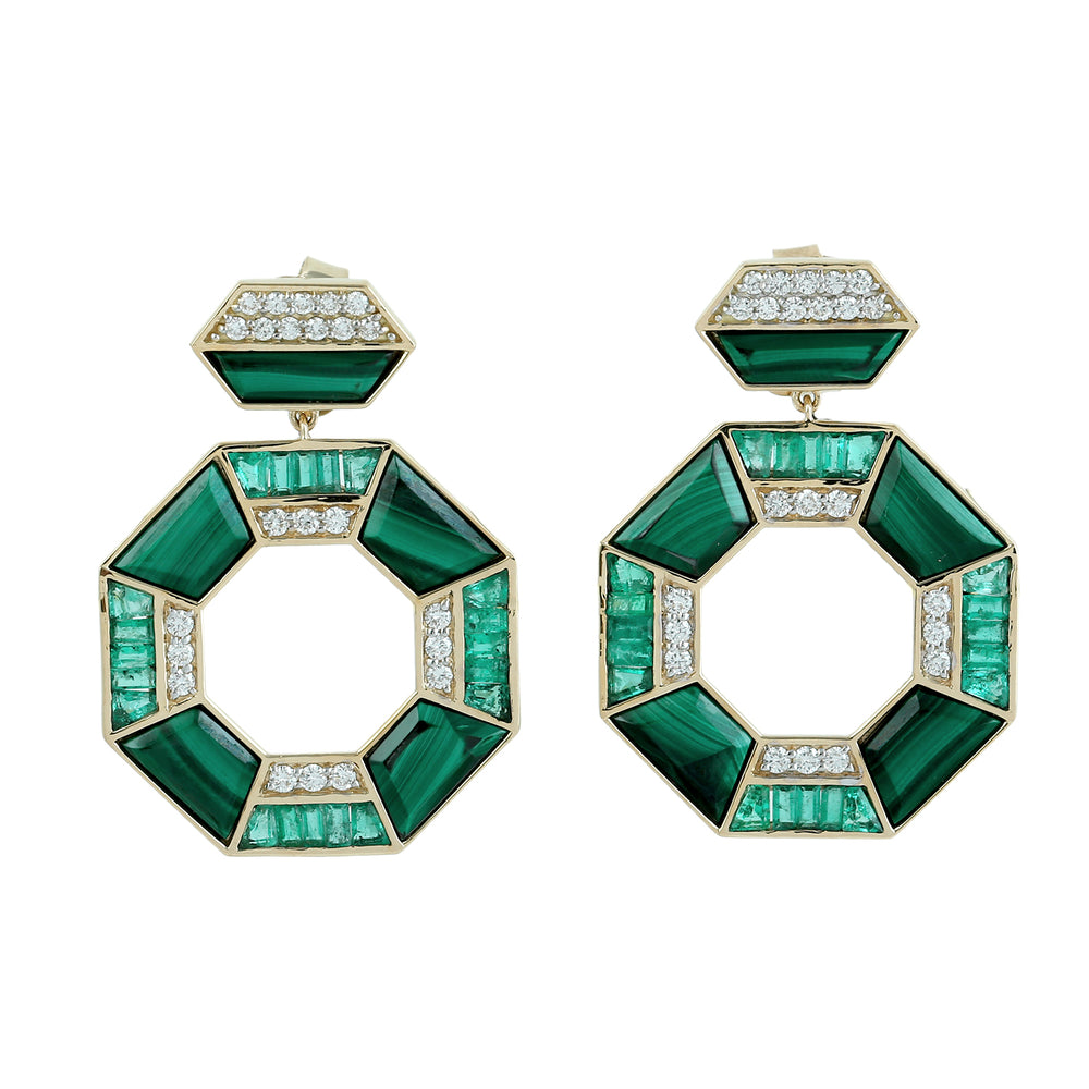 Malachite & Baguette Emerald Pave Diamond Dangle Earrings in 18K Yellow Gold