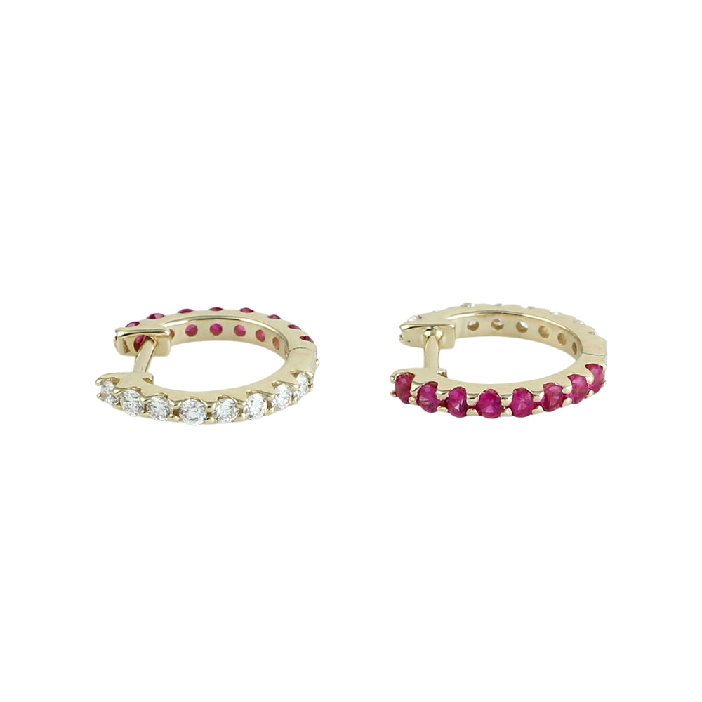 Ruby & Diamond Dual Side Hoop Earrings in 14K Yellow Gold
