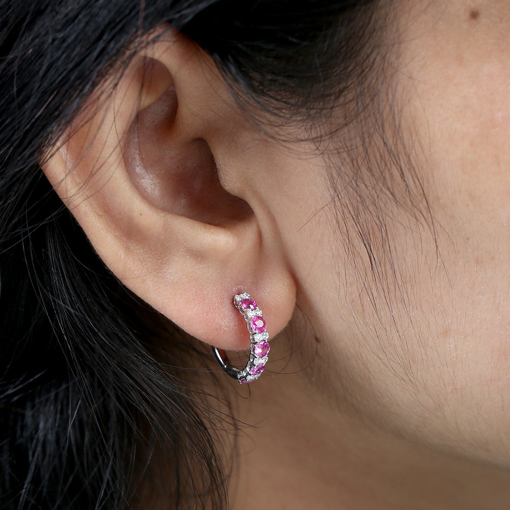 Pink Ruby & Diamond Hoop Earrings in 18K White Gold