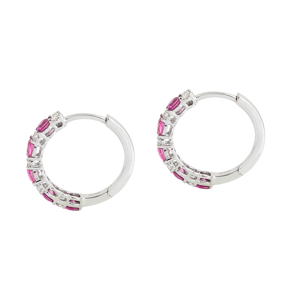 Pink Ruby & Diamond Hoop Earrings in 18K White Gold