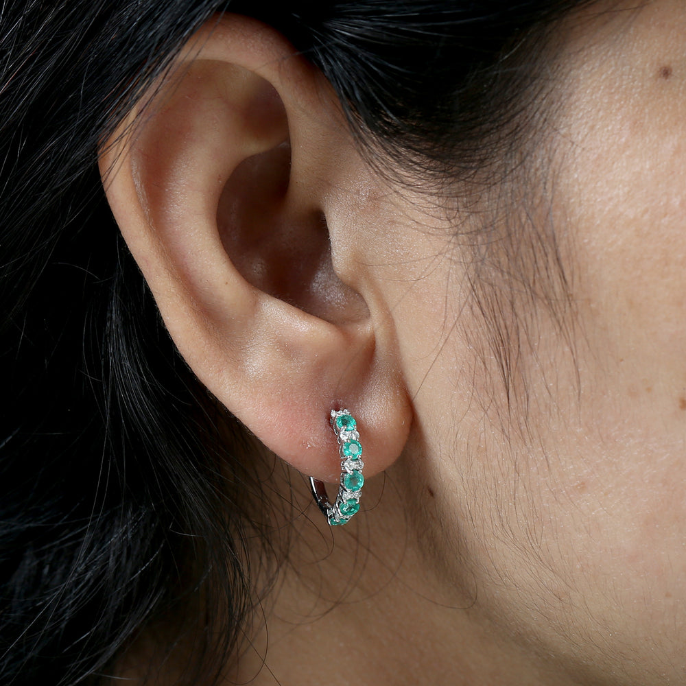 Emerald & Diamond Hoop Earrings in 18K White Gold