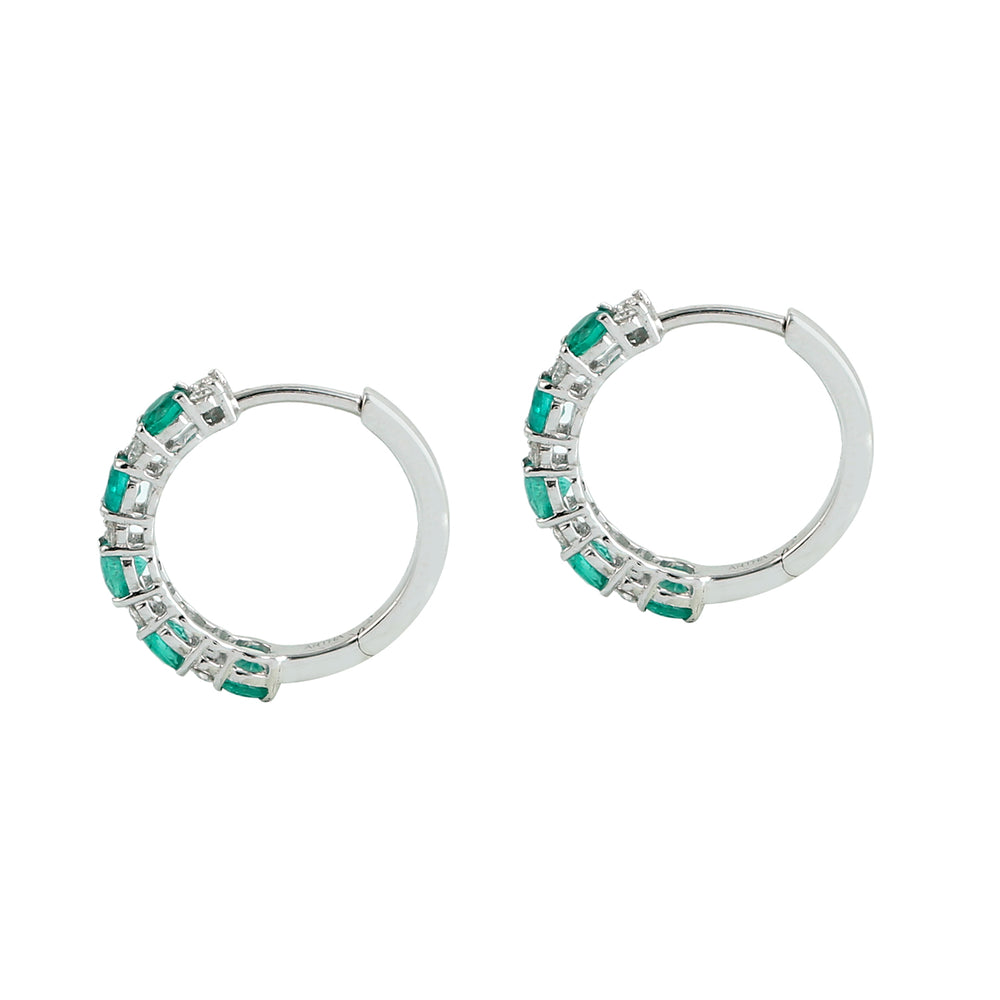Emerald & Diamond Hoop Earrings in 18K White Gold