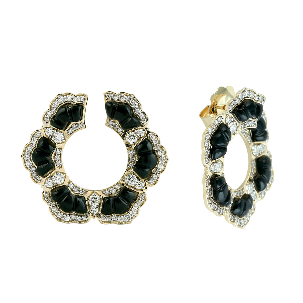 Carved Onyx Pave Diamond Open Hoop Earrings in 18K Yellow Gold