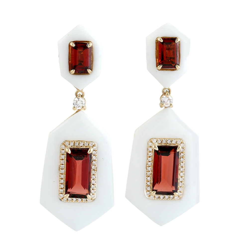 Garnet & Onyx Pave Diamond Designer Earrings in 18K Yellow Gold