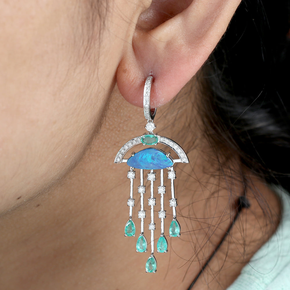 Opal Doublet & Emerald Prong Diamond Chandelier Earrings in 14K White Gold