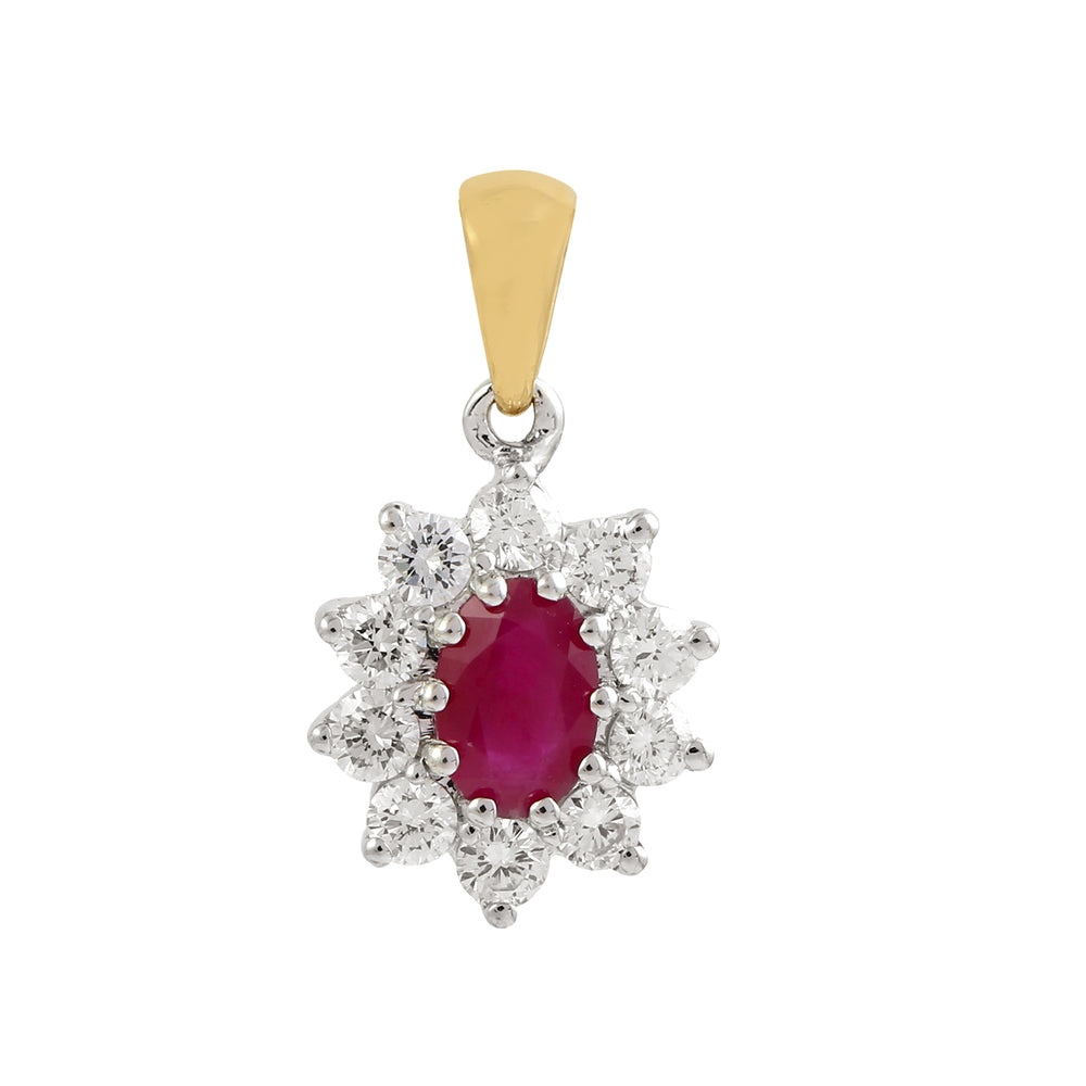 18K White And Yellow Gold Oval Cut Ruby Prong Diamond Charm Pendants For Her