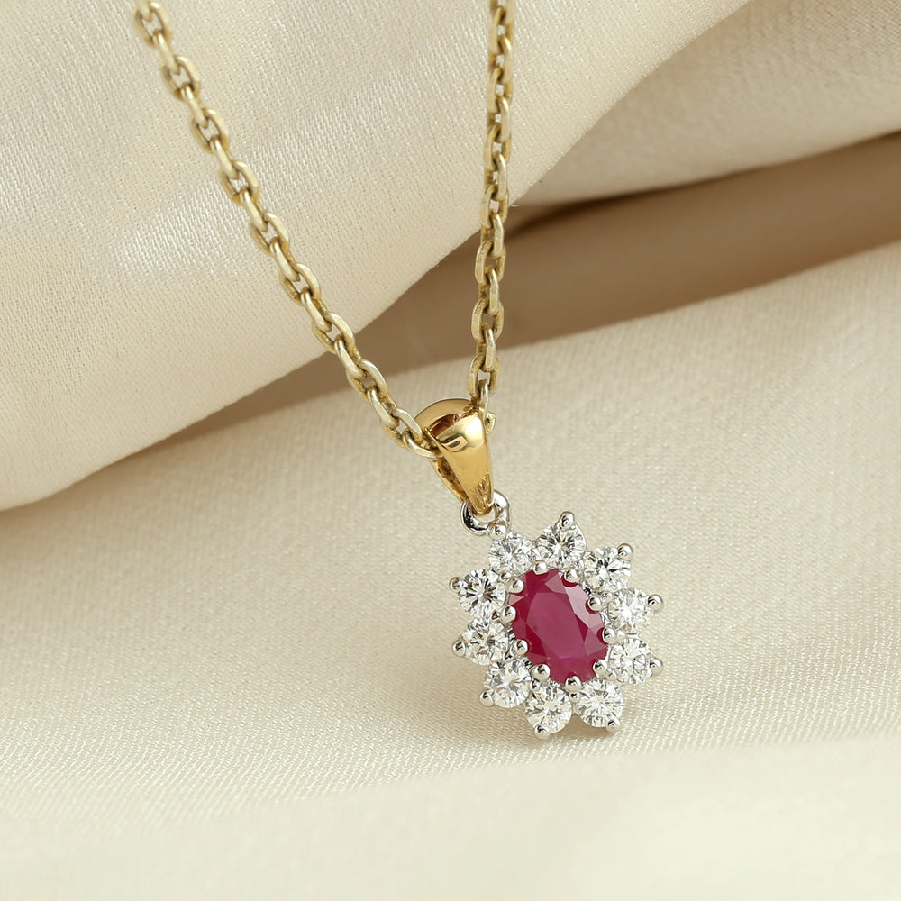 18K White And Yellow Gold Oval Cut Ruby Prong Diamond Charm Pendants For Her