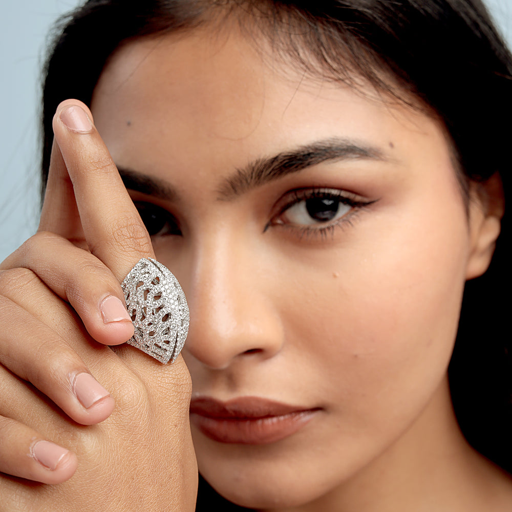 Luxury Long Diamond Cocktail Ring in White Gold – Micro Pave Design