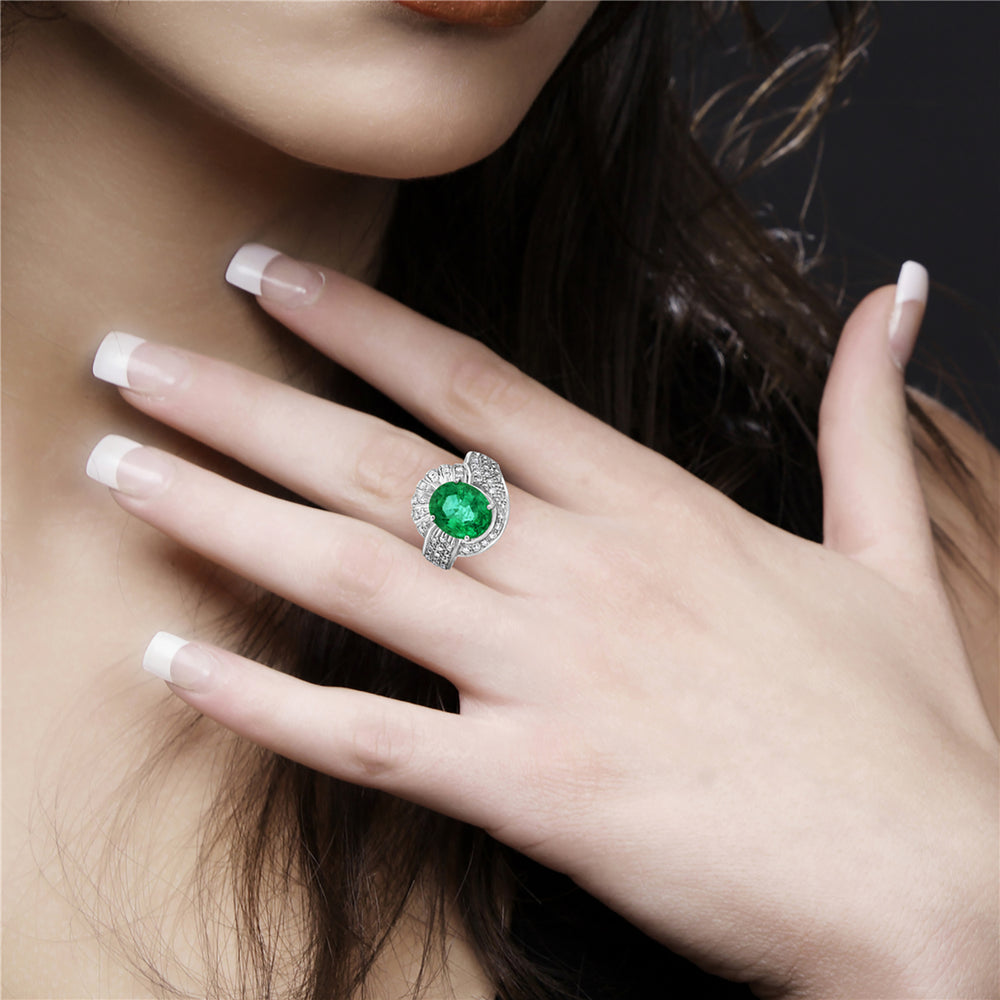 Oval Cut Zambian Emerald Pave Studded Diamond Cocktail Ring In 18K White Gold