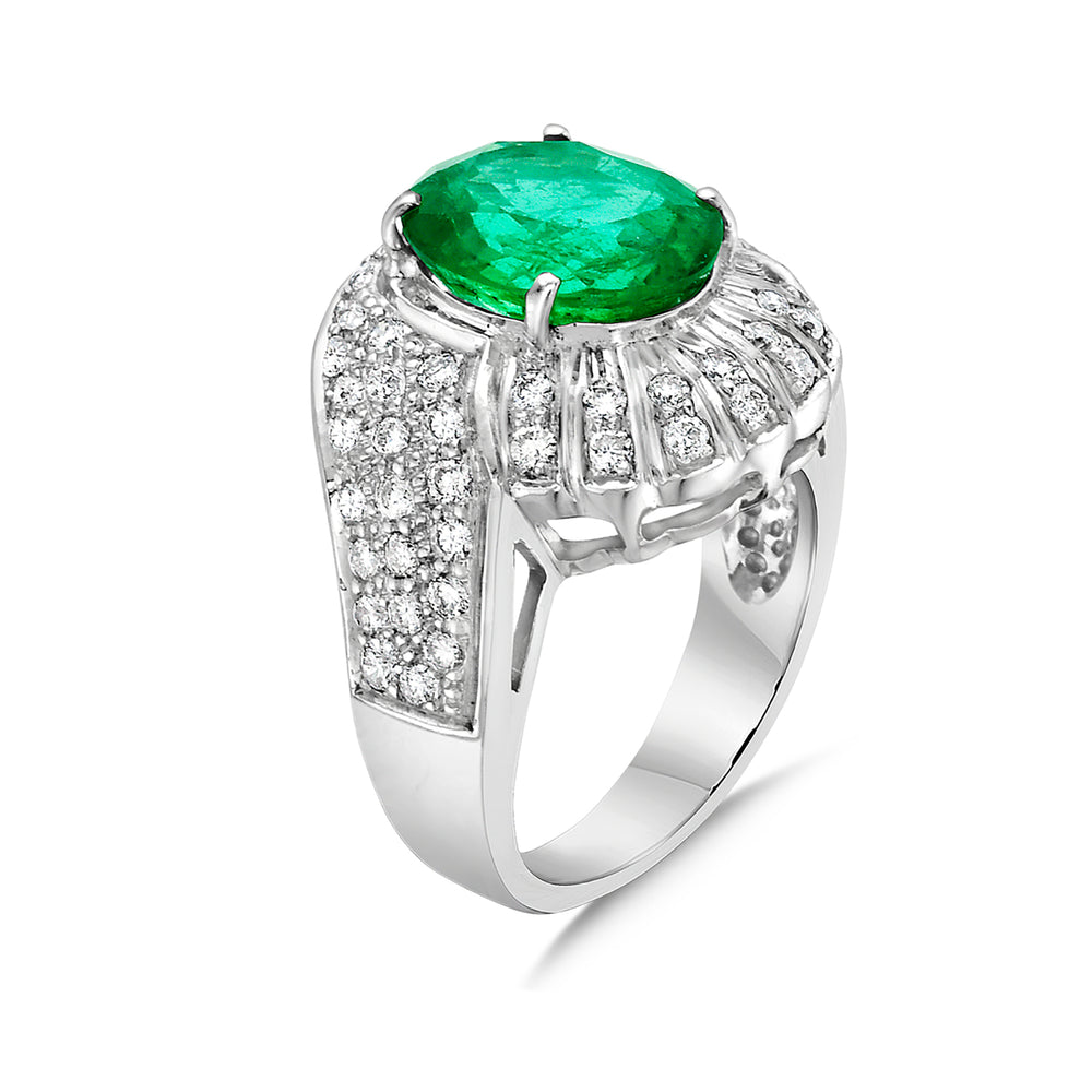 Oval Cut Zambian Emerald Pave Studded Diamond Cocktail Ring In 18K White Gold