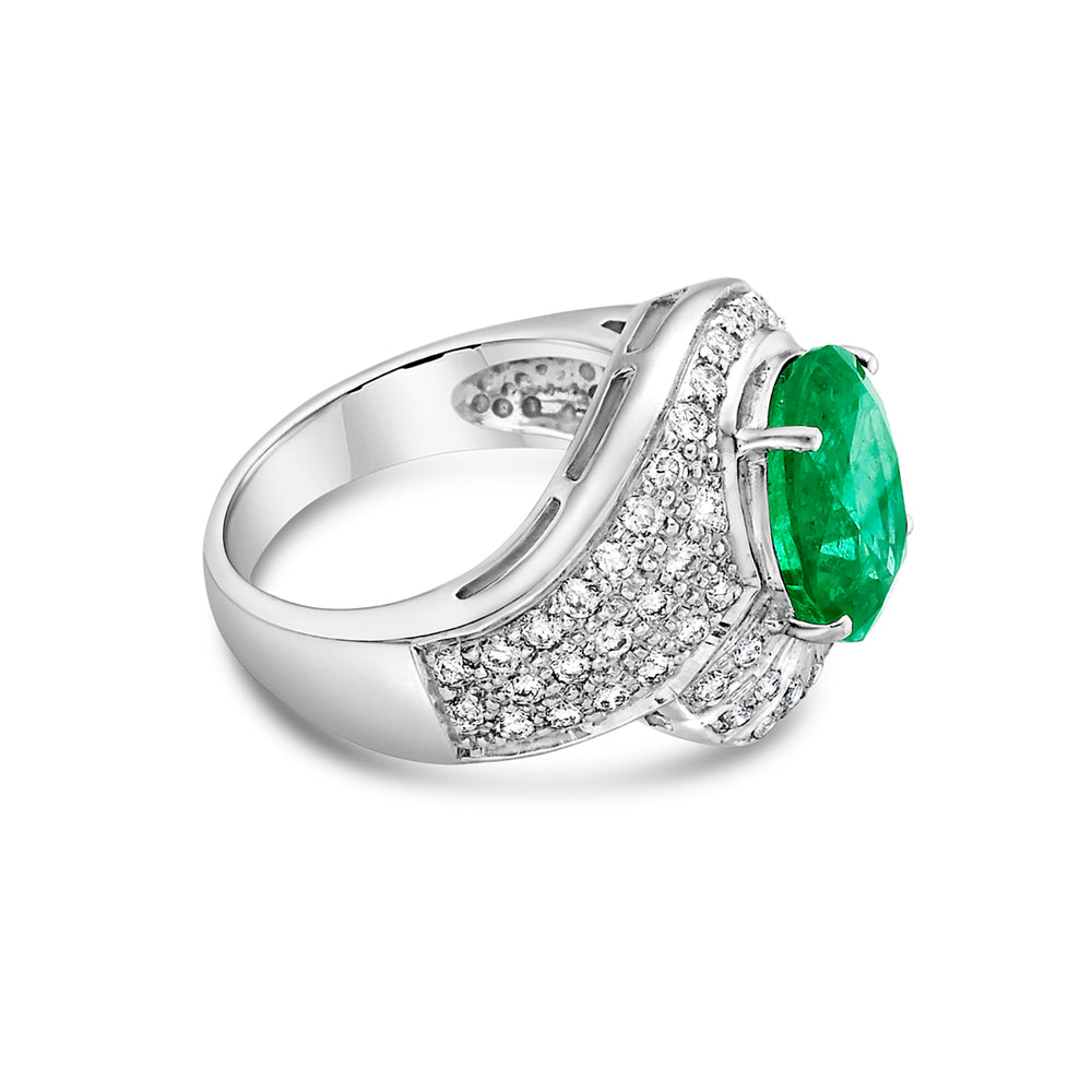 Oval Cut Zambian Emerald Pave Studded Diamond Cocktail Ring In 18K White Gold